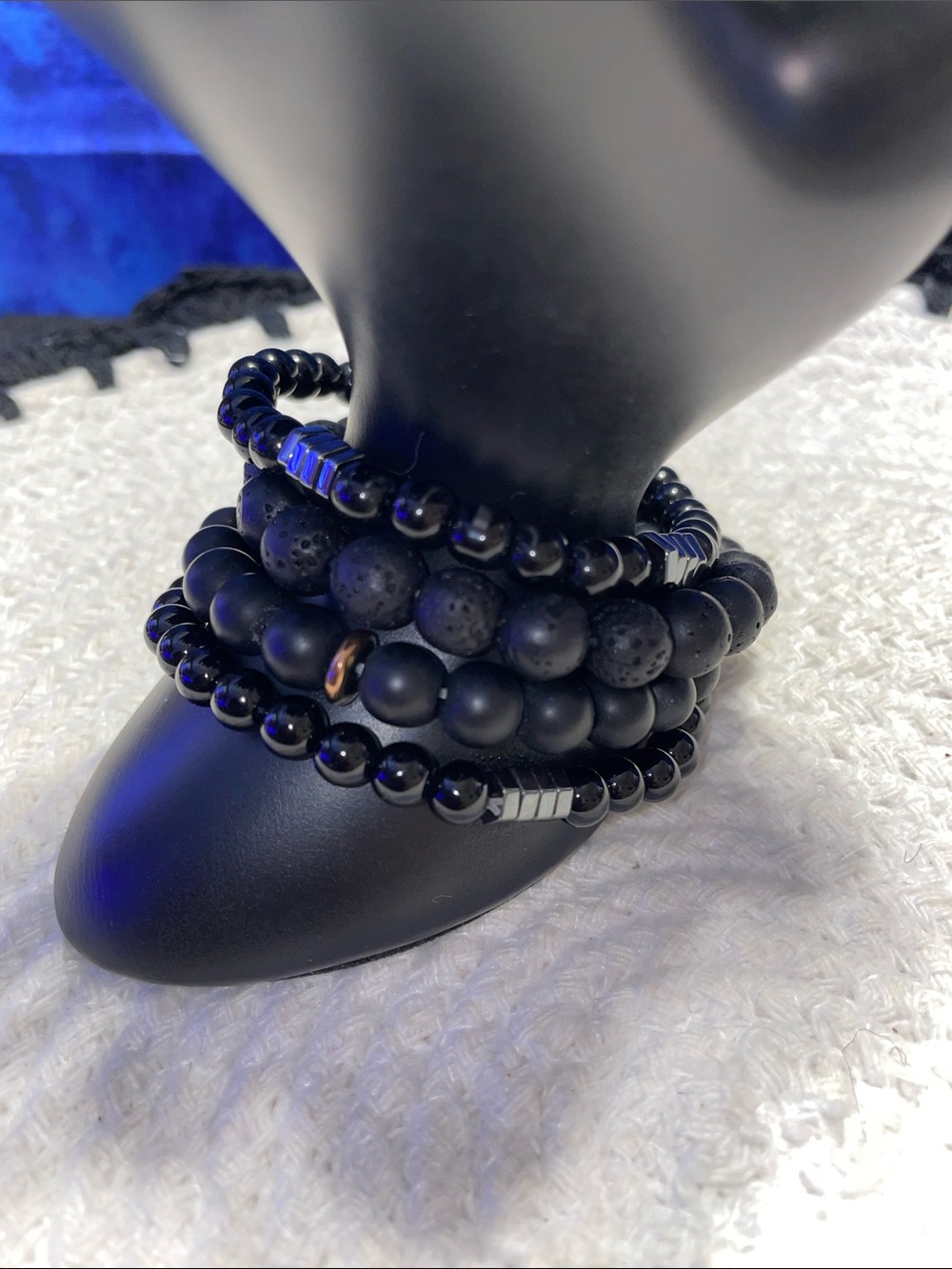 Set of 4 -Hematite, Lava & Onyx Stone Beads with silver & gold accent pieces.